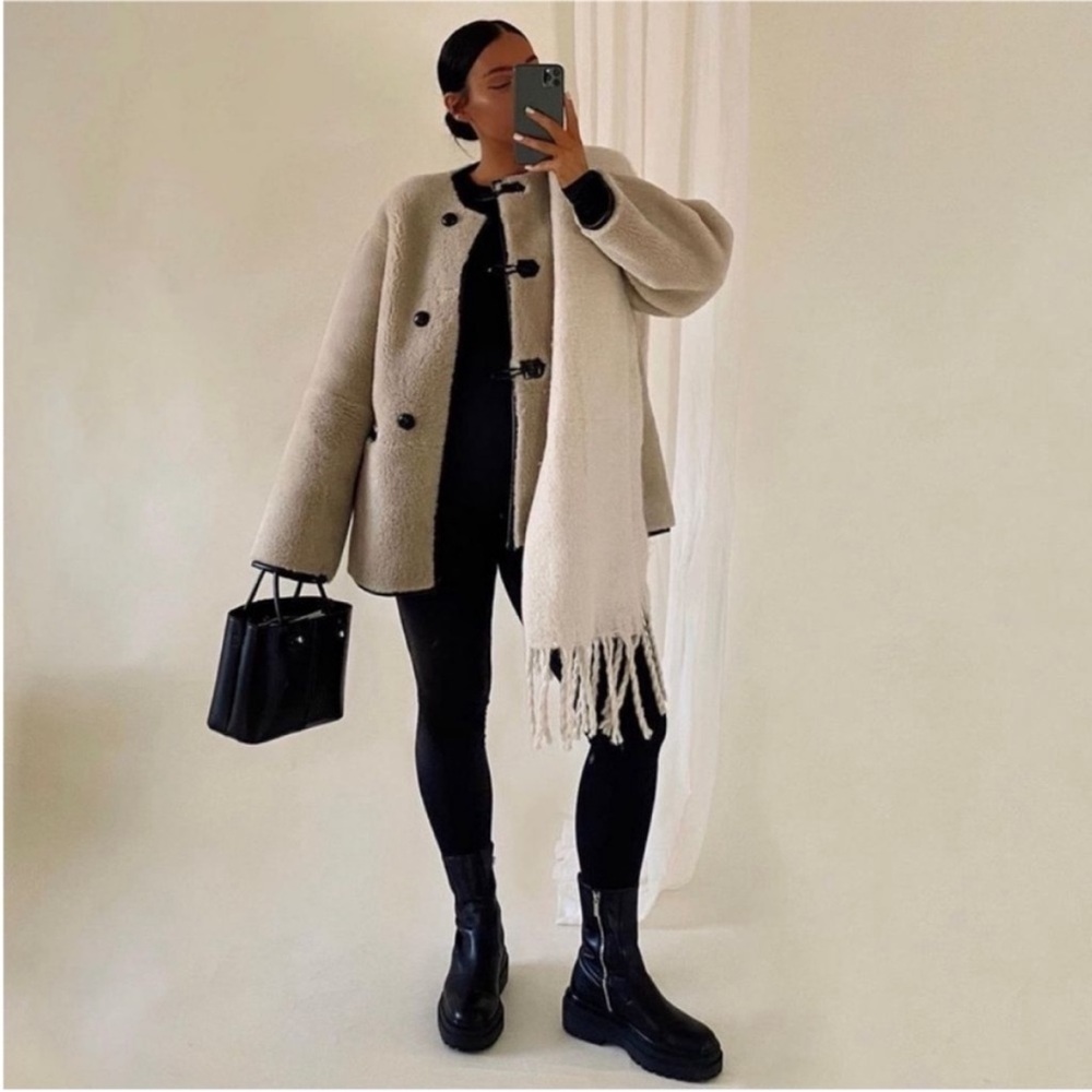 Mango Faux Shearling Chic Cream Coat with Black Accents, New with Tags
